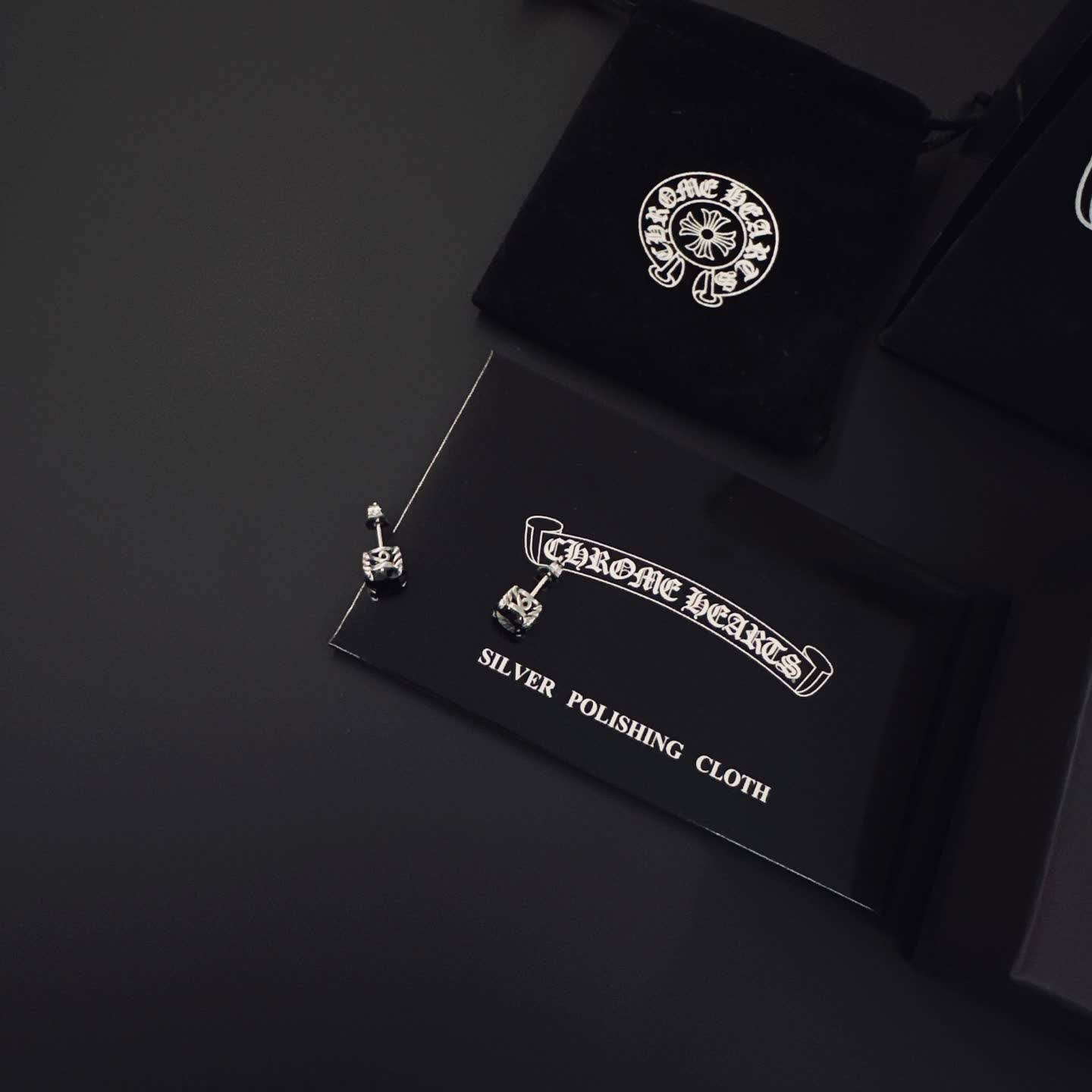 Chrome Hearts Silver Earrings with Black Stones